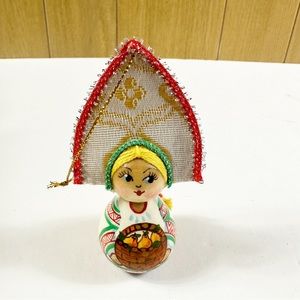VTG Russian Ornament Hand Painted w/Kokoshnik & Braid Christmas Mini Kitsch
